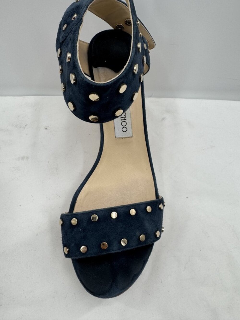 JIMMY CHOO Dark Navy Suede Studded Cork Nelly Wedge Sandals Heels Shoes Sz 41.5 - Picture 4 of 16